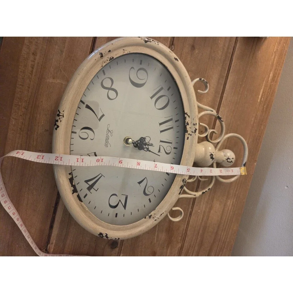 Vintage Style London Oval Wall Clock Distressed Cream White Metal Shabby Chic